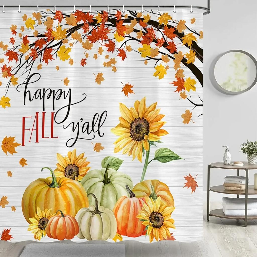 Fall Shower Curtains Brown Window Pumpkin Haystack Sunflower Maple Leaves Forest Autumn Home Bathroom Curtain Decor with Hooks