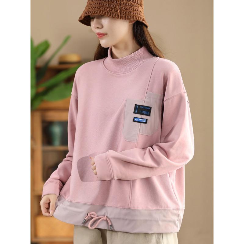 

DIMANAF 2025 Худи Большого Размера Осень Однотонная Футболка Женская С Длинным Рукавом Свободные Топы Футболки One Size розовый