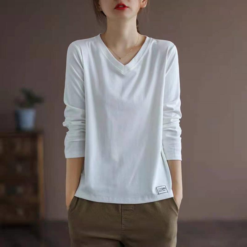 V-neck Solid Color All-match Long-sleeved T-shirt Women's Plus Size Women's Loose and Thin Bottoming Shirt Top