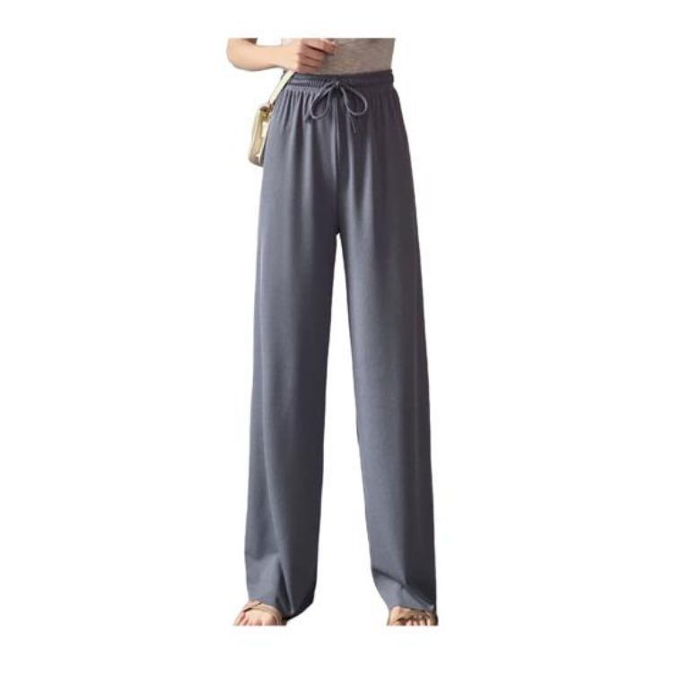 Women Elastic Waist Casual Trousers High Waist Wide Leg Solid Color Leisure Pants Long Drawstring Thin Pants