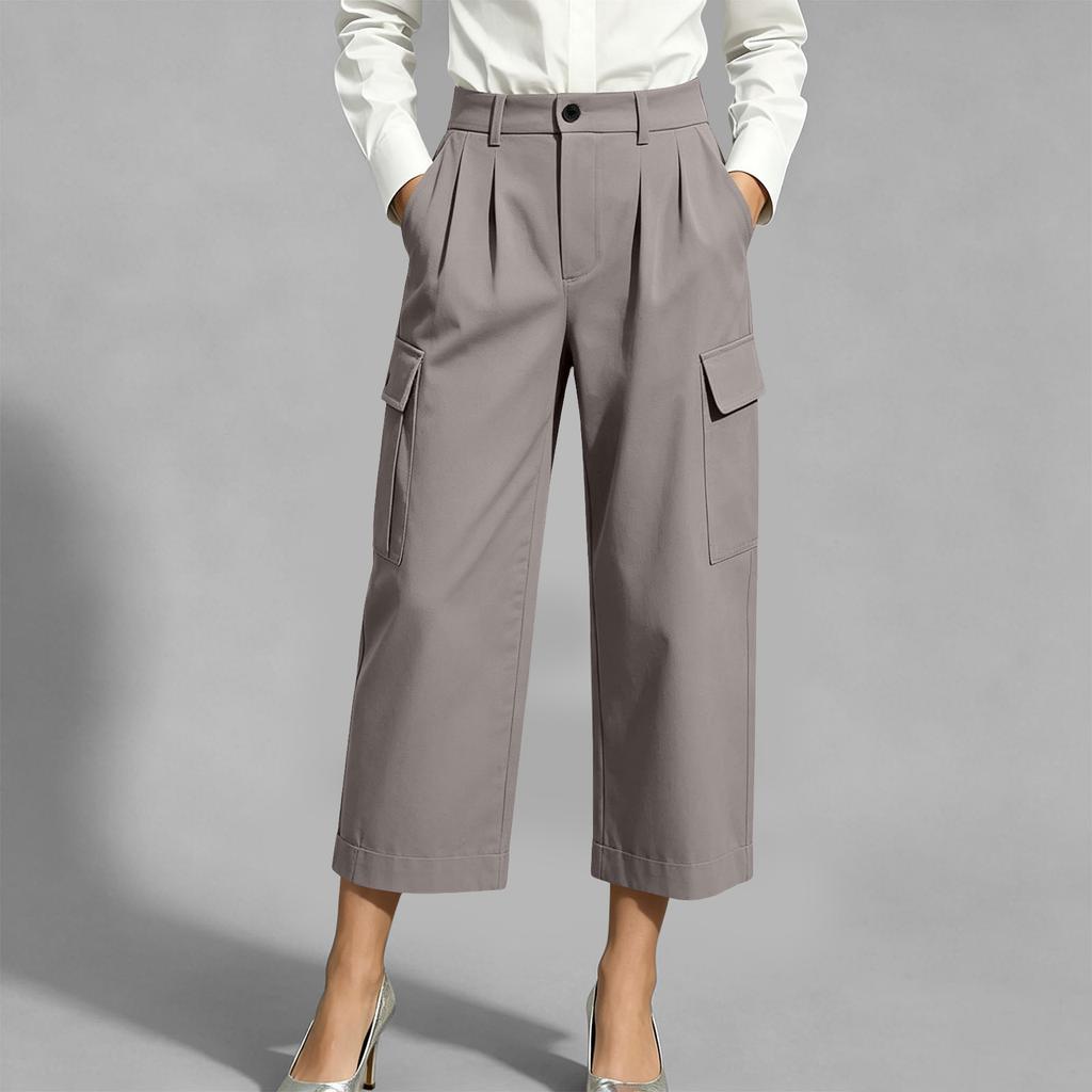 Women's Color Casual Trousers with Cotton Pockets and Button Front Dress Pants