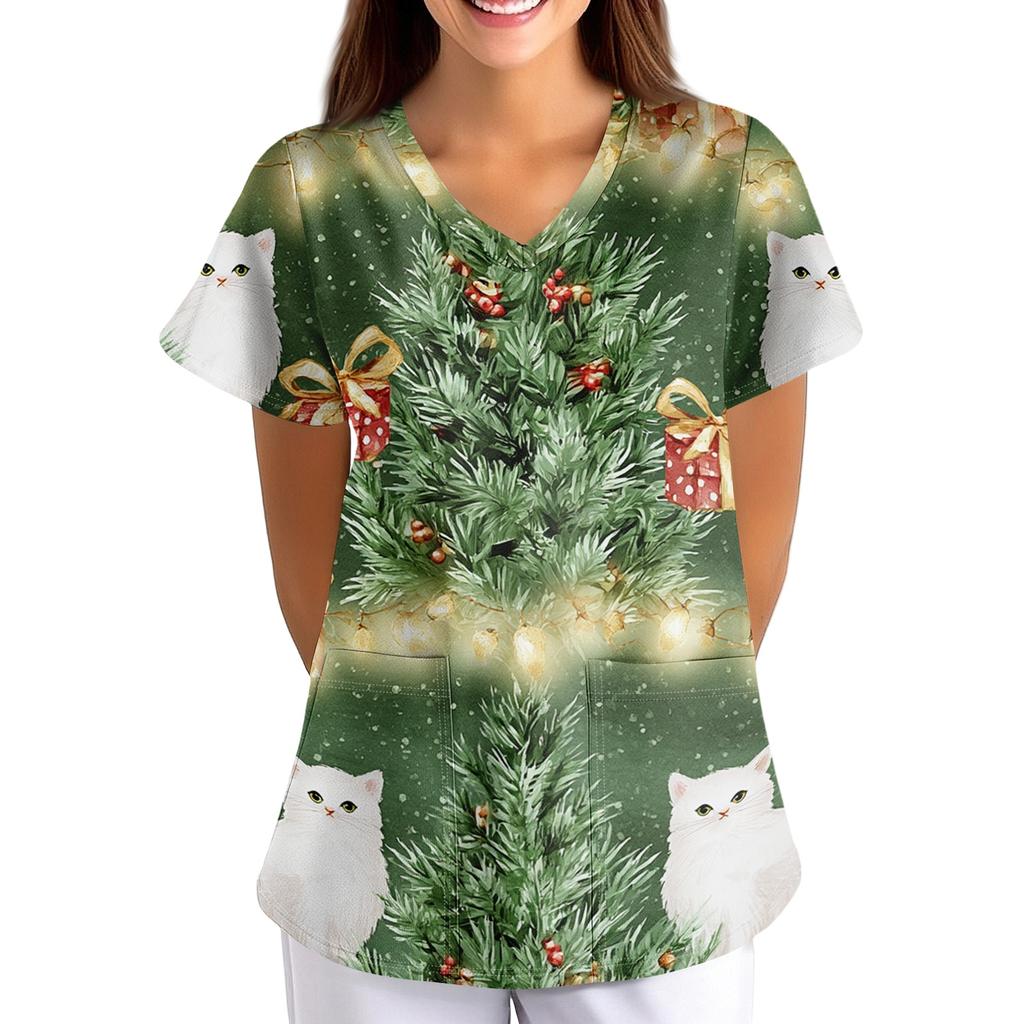 Women's Christmas Print Loose Fit V-Neck Short Sleeve Scrub Top with Pockets for Work