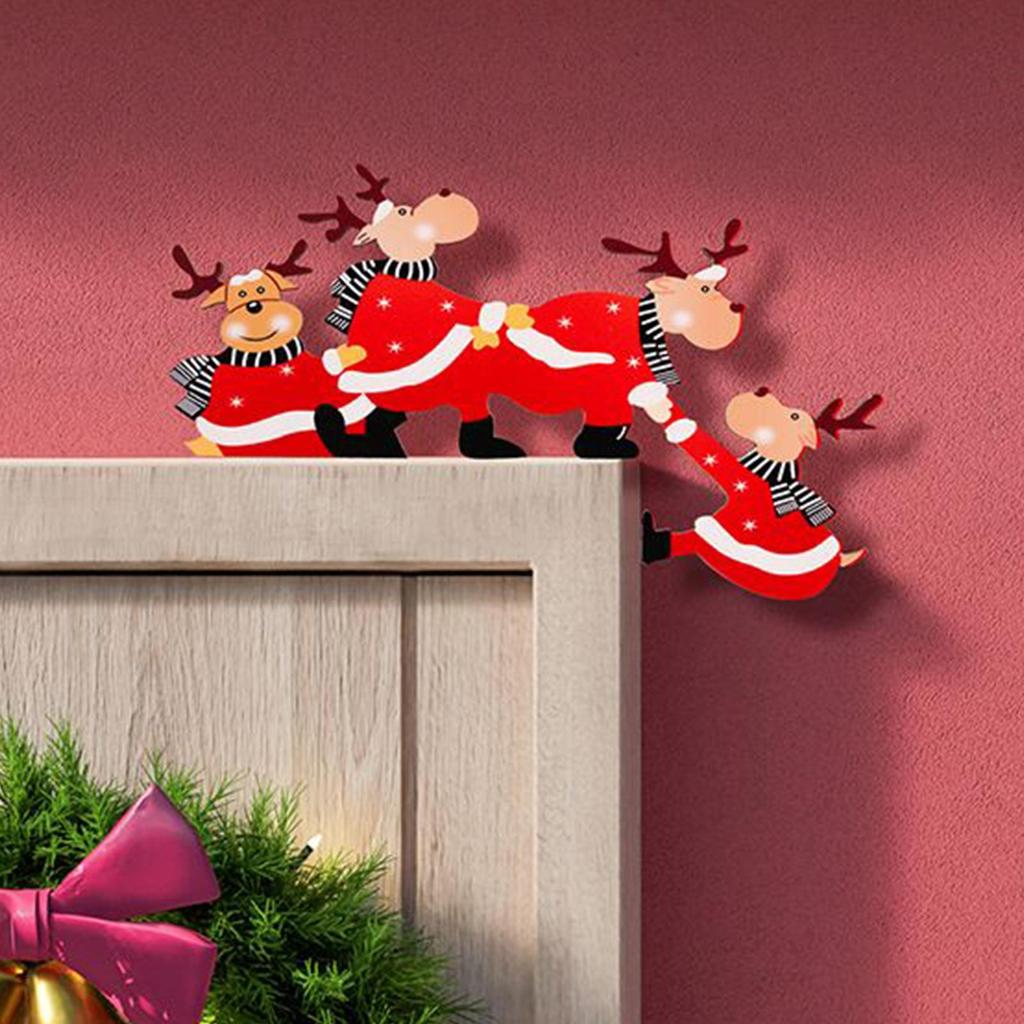 2pcs Santa Door Corner Decor Christmas Cartoon Door Frame Decor Snowman Reindeer Wooden Pendant Party House Decor