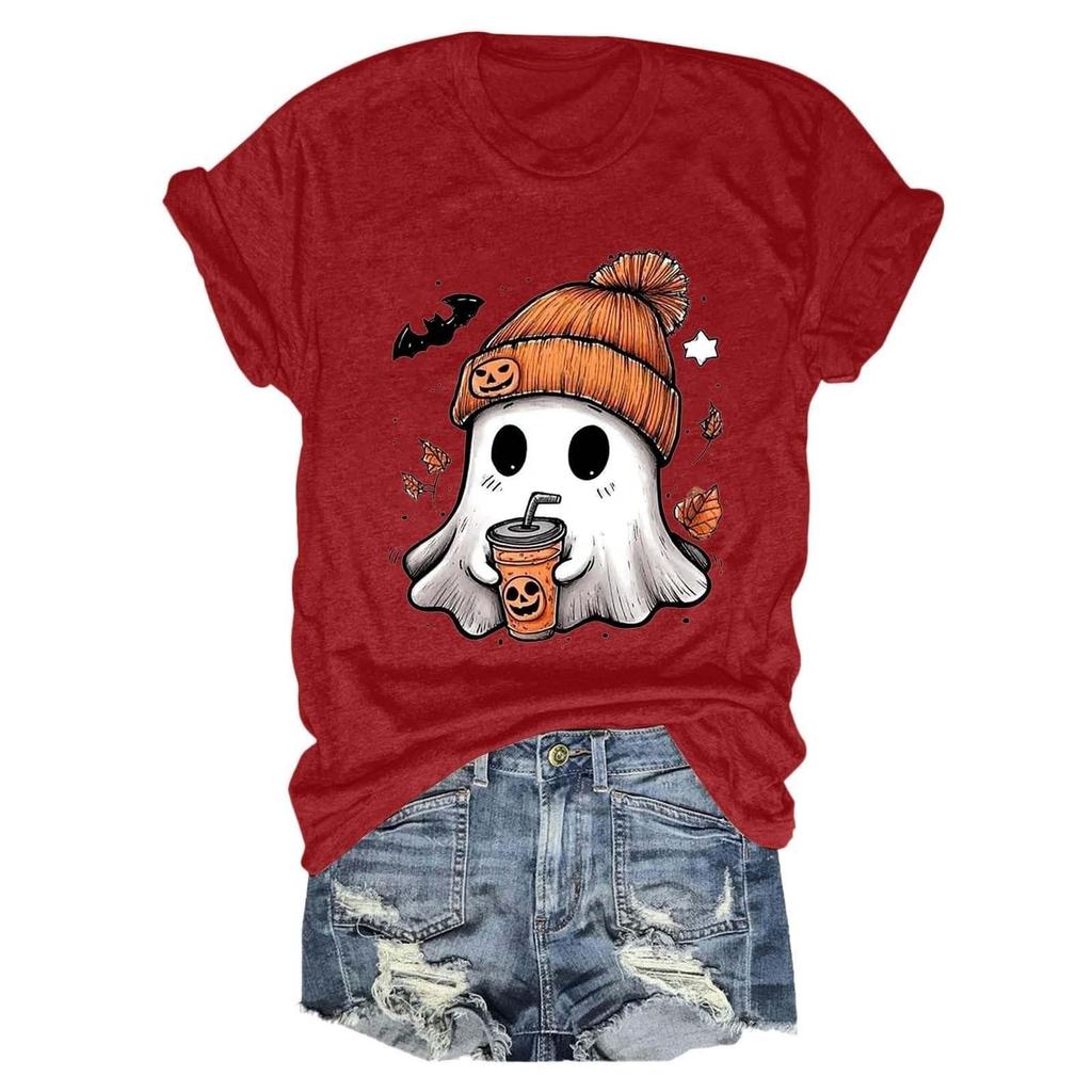 Women's fashionable casual short-sleeved Halloween printed round-neck top