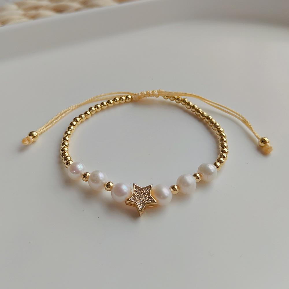 European-American Micro-Diamond Moon Jewelry: Pearl and Gold-Plated Bead Bracelet
