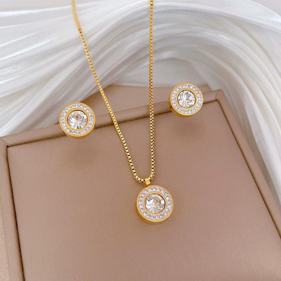 ZAKOL Shiny Crystal Zircon Round Pendant Necklace Earrings for Women Exquisite Stainless Steel Chain 2 Pcs Zircon Set