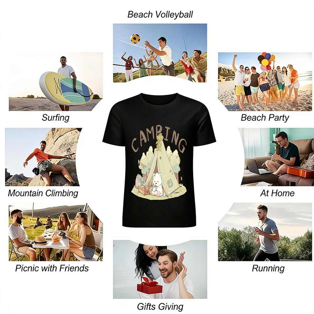 Cute Camping Little White Bear Print Casual T-Shirt Unisex Loose Comfortable Top For Daily Travel Pure cotton T-shirt