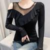 Spring Autumn New Long Sleeved O-neck Sexy Women's Beading Black T-Shirt Elegant Slim Hollow Out Ruffes Tops Tees