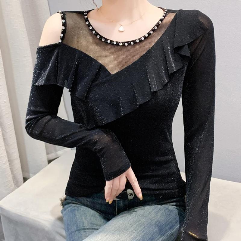 Spring Autumn New Long Sleeved O-neck Sexy Women's Beading Black T-Shirt Elegant Slim Hollow Out Ruffes Tops Tees