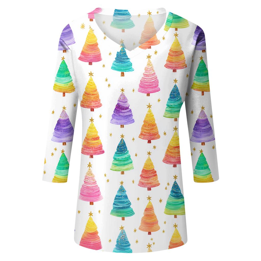 Women's Tops Three-quarter Sleeve Shirt V-neck Loose Casual Shirt Print T-shirt
