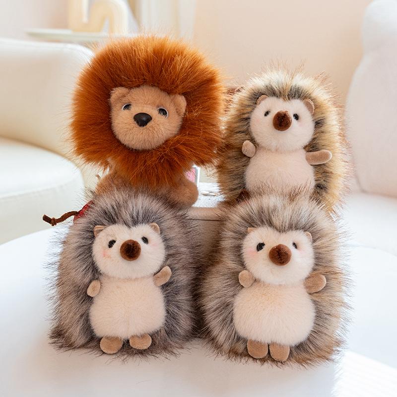 Hedgehog & Lion Fluffy Fur Plush Pendant Stuffed Cartoon Animal Cute Small Plushie Keyring Decor for Bag Gift