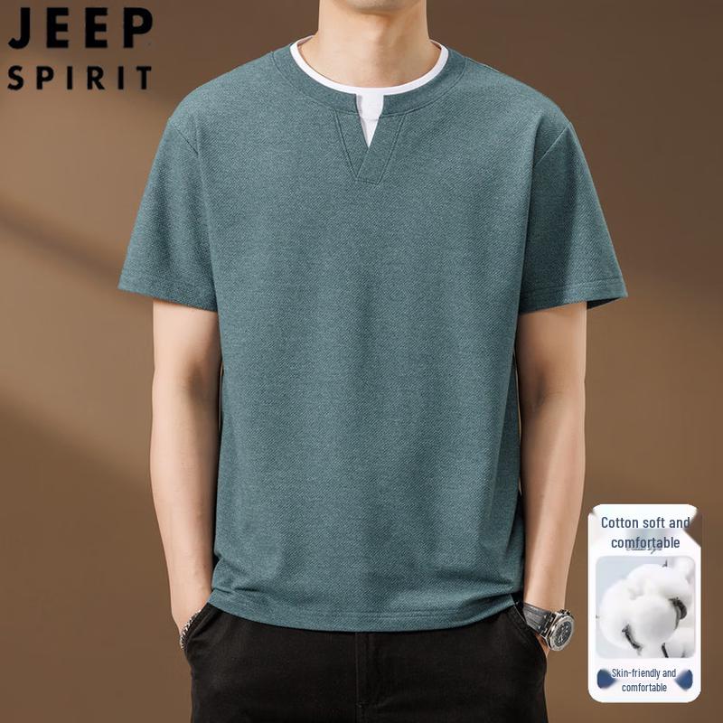 

JEEP SPIRIT Men s V-Neck Faux Two-Piece Pineapple Texture Short Sleeve T-Shirt XL