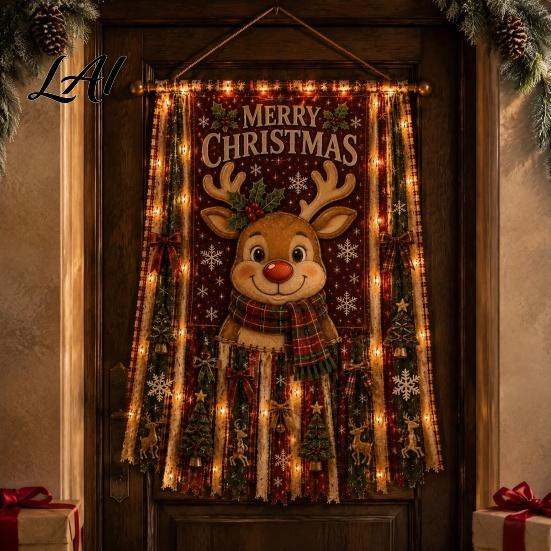 Santa Claus Elk Snowman Gingerbread Man Banner Christmas Hanging Cloth Decoration with LED Light for Home Door Wall And Window Holiday Indoor Outdoor