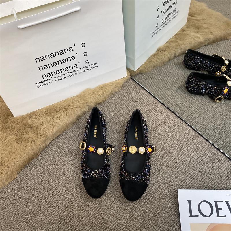 XINZHOU Xiaoxiangfeng Round Head Metal Buckle with Mary Jane Shoes Women's Shallow Mouth Rough Flower Versatile Flat-soled Single Shoes