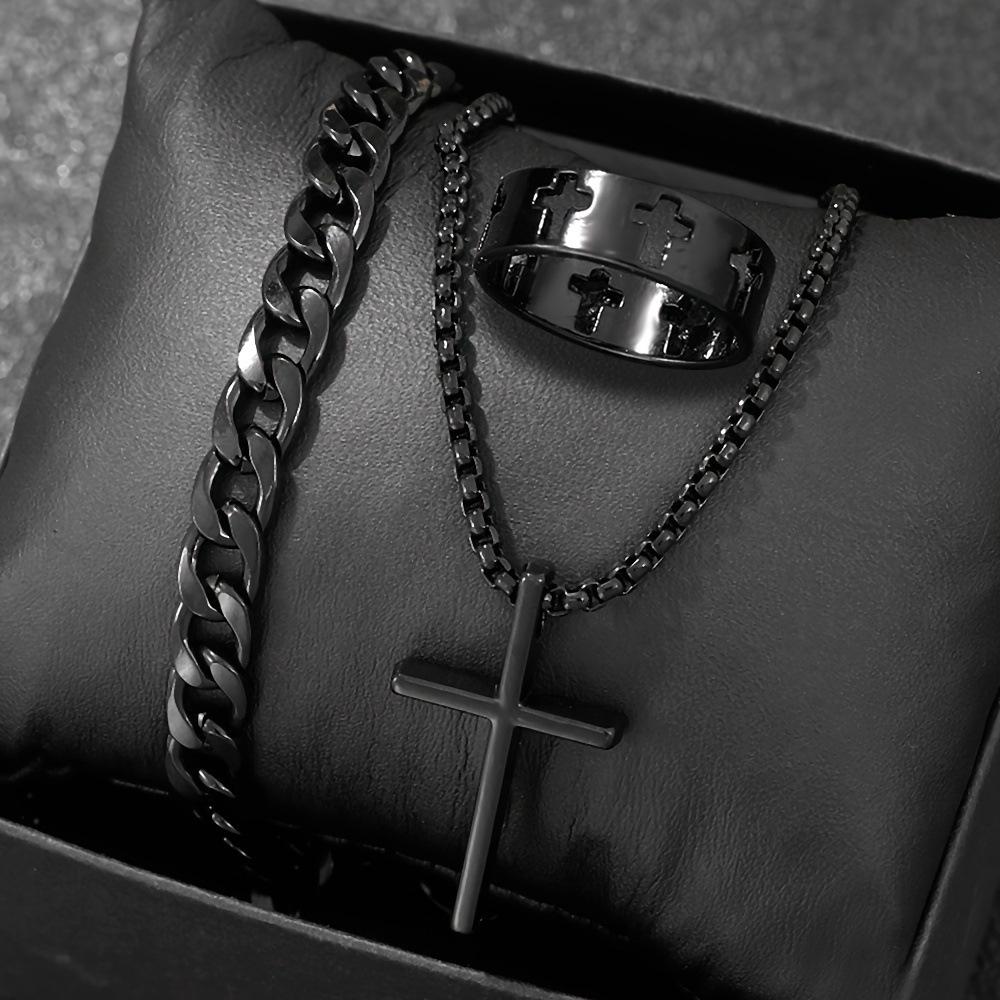Men's 3pcs Fashion Alloy Jewelry Set - Cross Pendant Necklace, Bracelet & Ring Combo