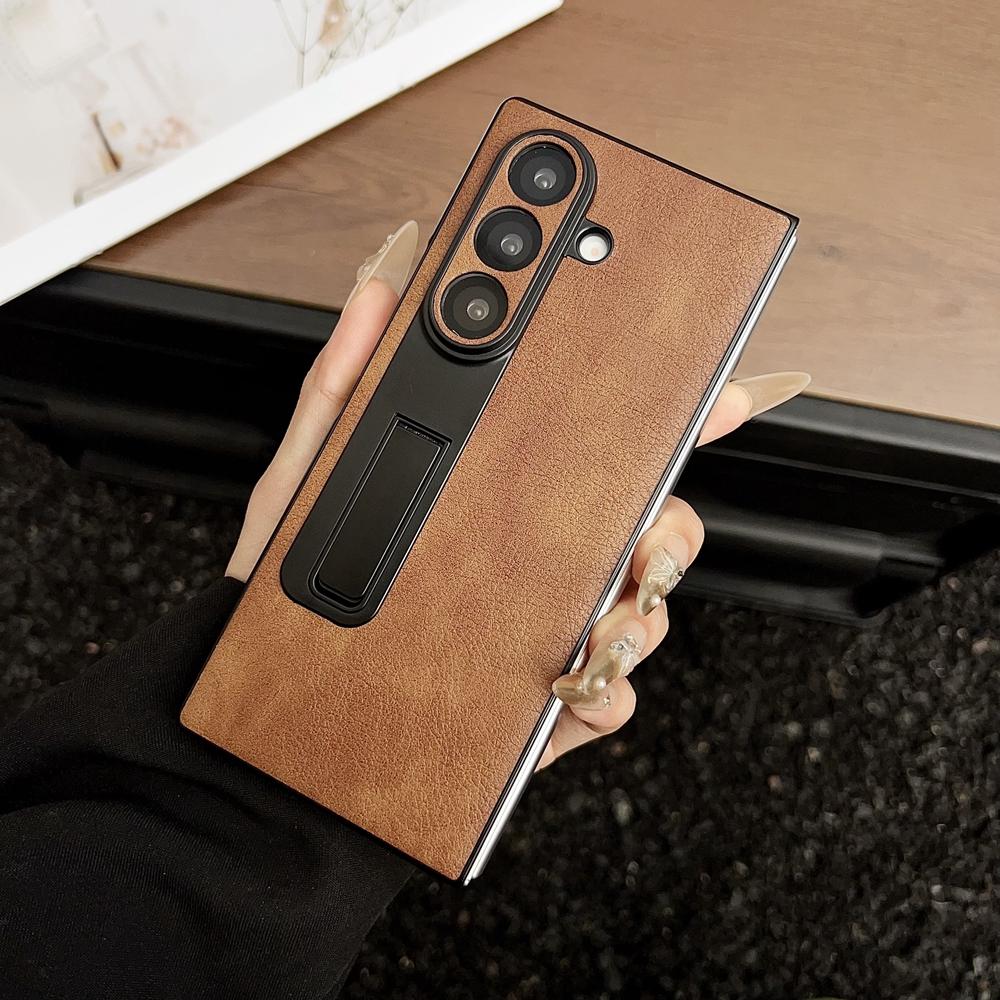Samsung Galaxy Z Fold 7 6 5 4 3 Zfold6 Pu Leather Invisible Bracket Holder Cover Z Fold7 5G Luxury Suede Pattern Phone Case