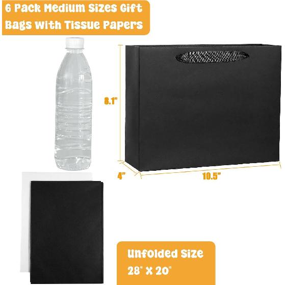 6 Pack Medium 10.5 x4 x8.1  Black Gift Bags with Tissue Papers, Kraft Shopping Bags with Ribbon Handles, Retail Wrapping Set for All Occasions