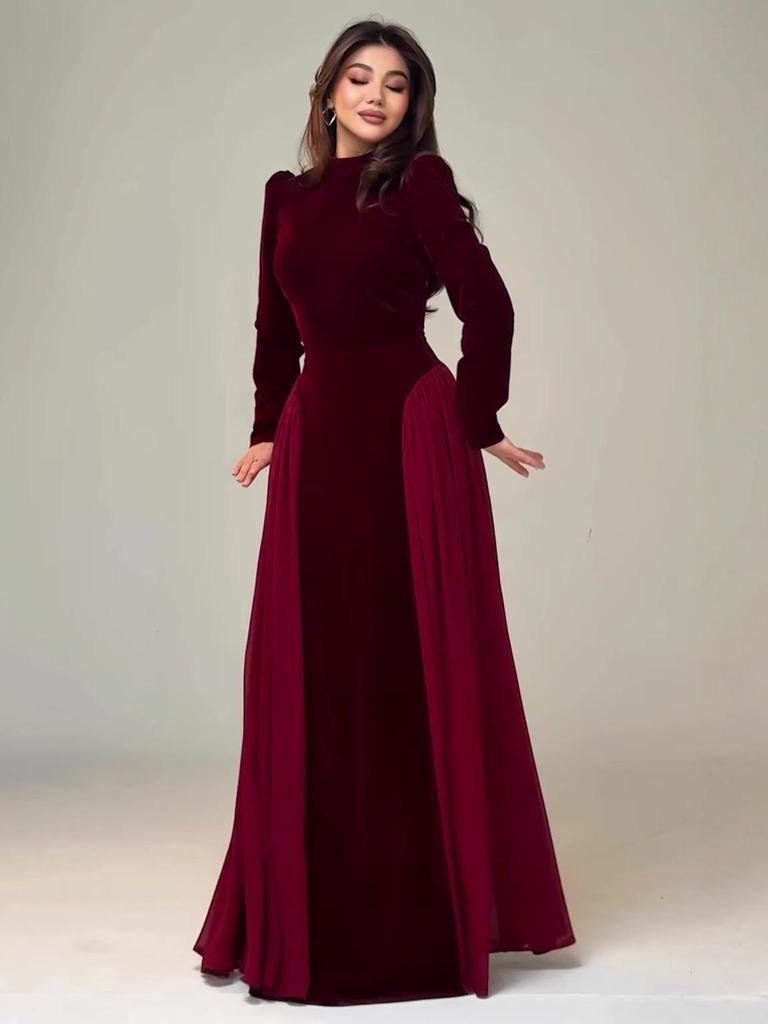 Spring 2026 Women's Gold Velvet Chiffon Slim-Fit Dress
