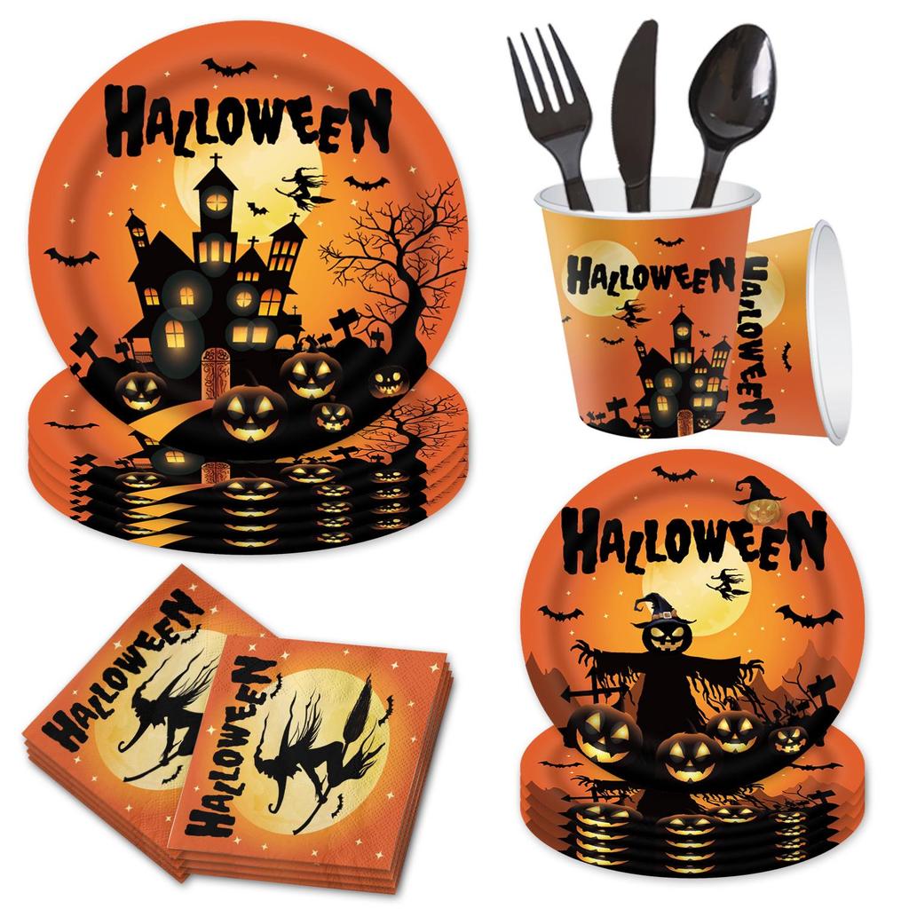 Halloween Party Tableware Set: Plates, Banner, Balloons & Tablecloth