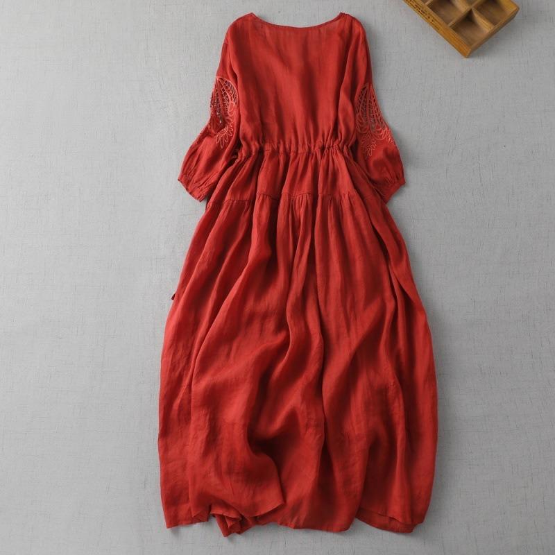 Literarisches Retro-Kleid für Damen, hautfreundlich, große Größe, mit sieben Ärmeln, hohle, lockere Taille
