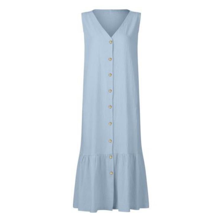 Summer Women Maxi Dress Sleeveless V Neck Button Down Loose Casual S светло-синий