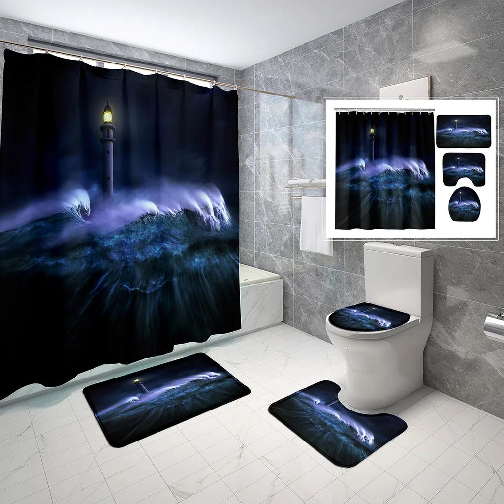4 Sets Lighthouse Shower Curtain Sets With Non-Slip Bath Mat,Toilet Lid Cover And Coast Seascape Sunrise Shower Curtain Sets