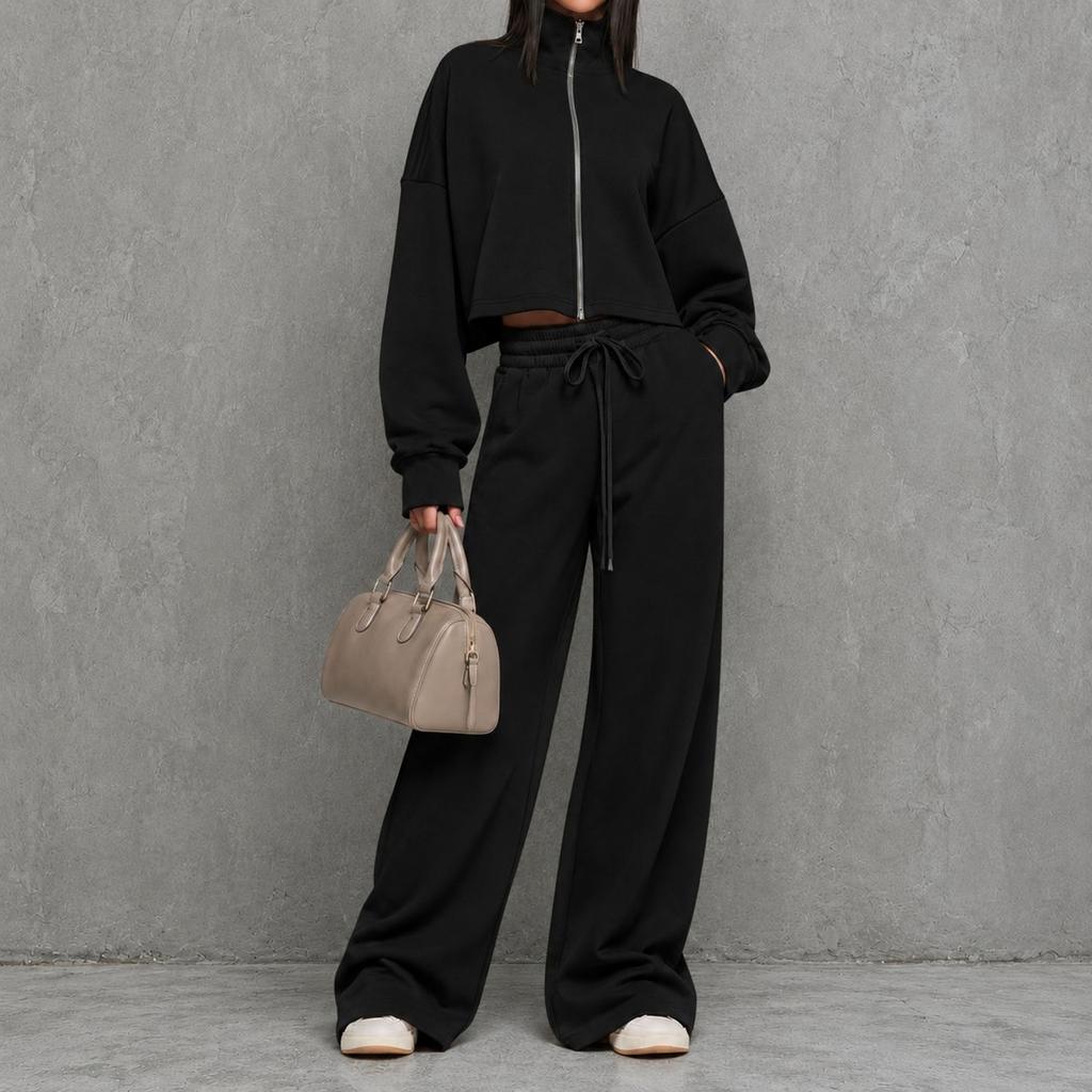 Women's Zip-Up Hoodie and High Waist Wide Leg Pants Set Casual Loungewear Tracksuit