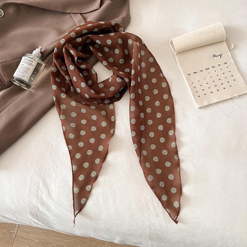 Korean Style Brown Polka Dot Silk Scarf - Versatile Women's Lightweight Spring/Summer Accessory