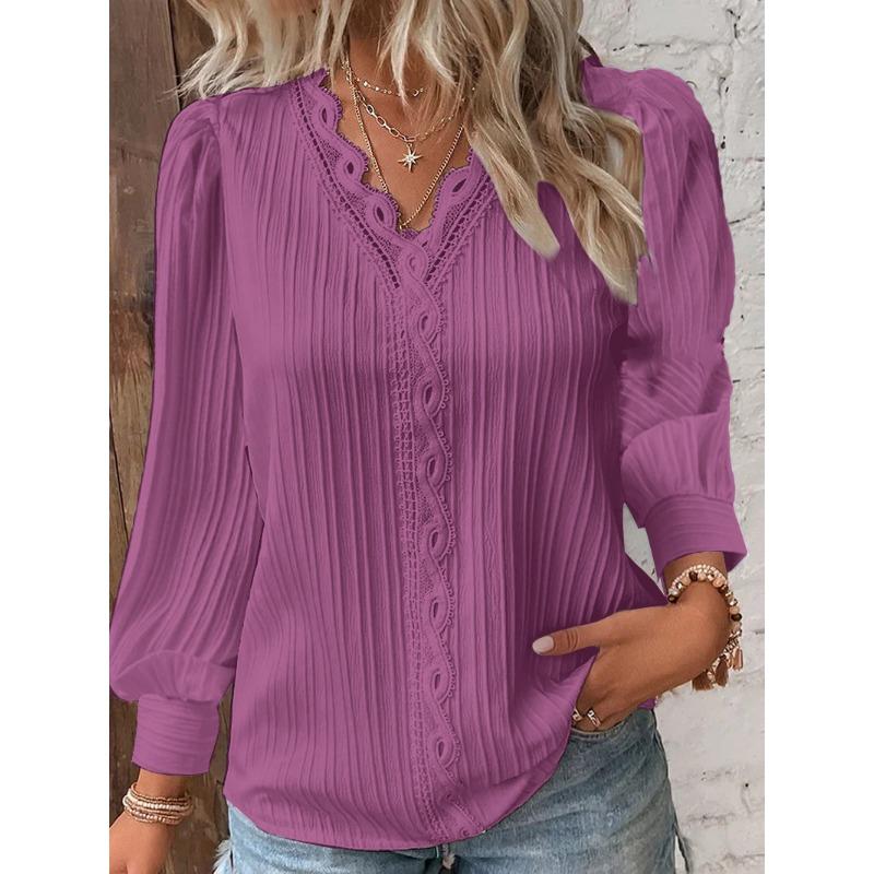 YYFS Women's Fashion Casual Spring Fall Solid Color Print Pullovers & Long Sleeves V-Neck Blouses & Shirts