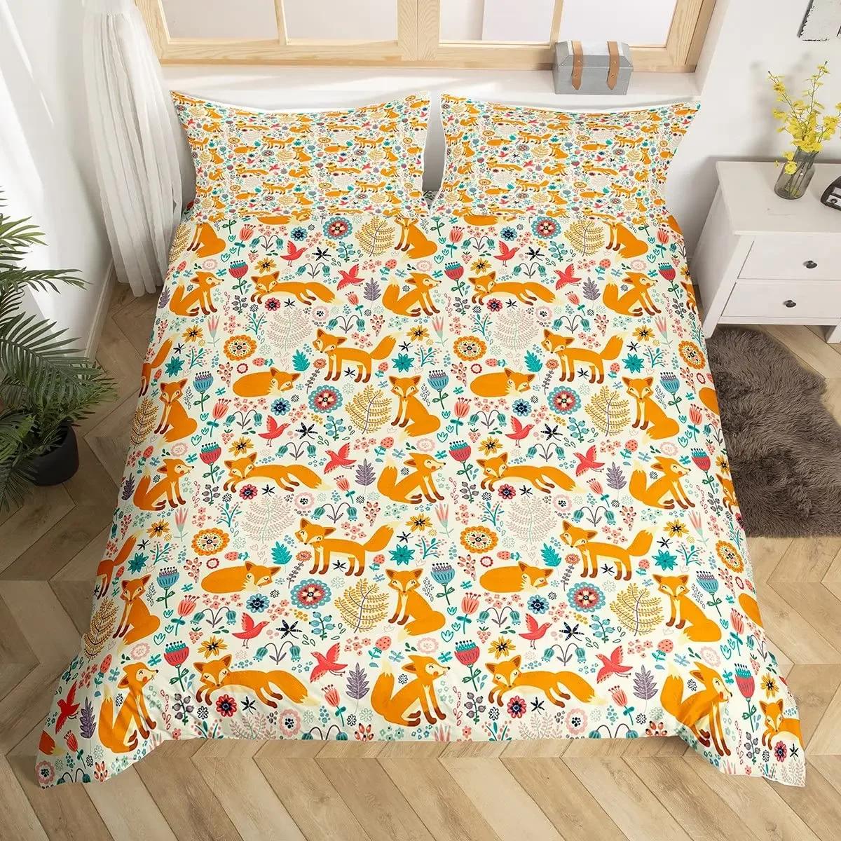 

Comforter Cartoon Fox Kawaii Comforter For Boys Girl Room Dorm Lovely Wild Animals Bedding Set Twin Full Queen King Size Comforter (quilt)-EU Single(135*200cm)3pcs