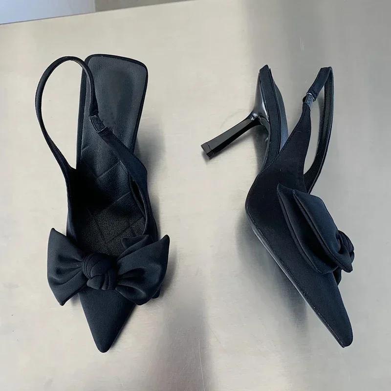 2025 New Baotou High Heel Sandals for Women's Fashion Bow Pointed Fine Follow Shoes Elegant and Elegant High Heel Shoes