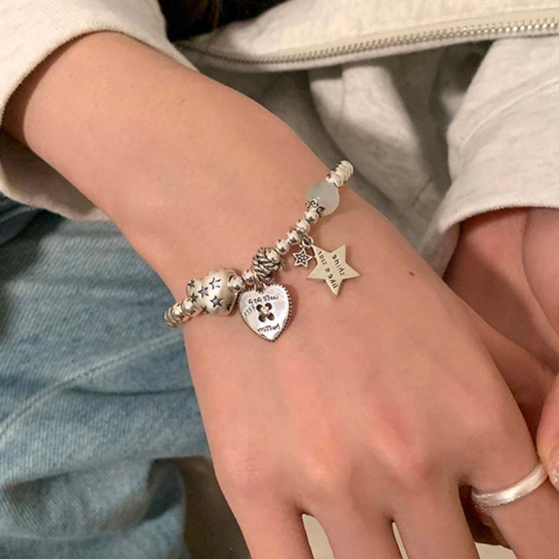 Y2K Punk Love Heart Star Pendant Bracelets for Women Girls Simple Handmade Metal Beaded Sweet Cool Bracelets Fashion Jewelry