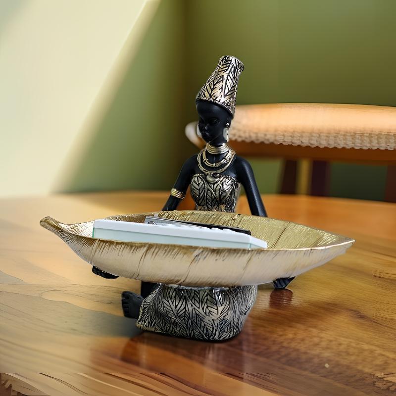 African Girl Holding A Plate Sculpture, Home And Office Decorative Storage Ornament, Vintage Collectible Craft Deskt Decor