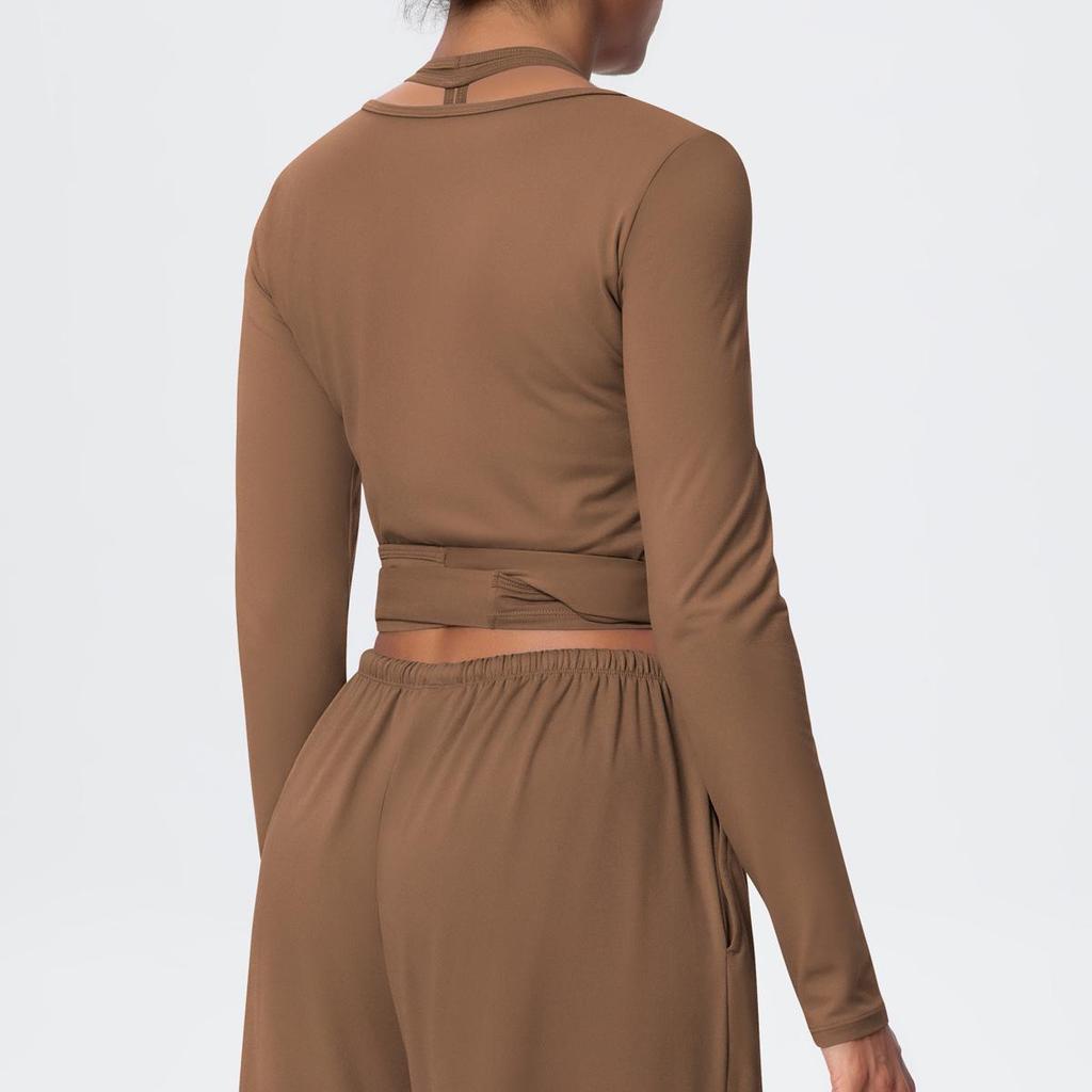 Brushed Long Sleeve One-Piece Tie-Up Yoga Wear for Outdoor Sports