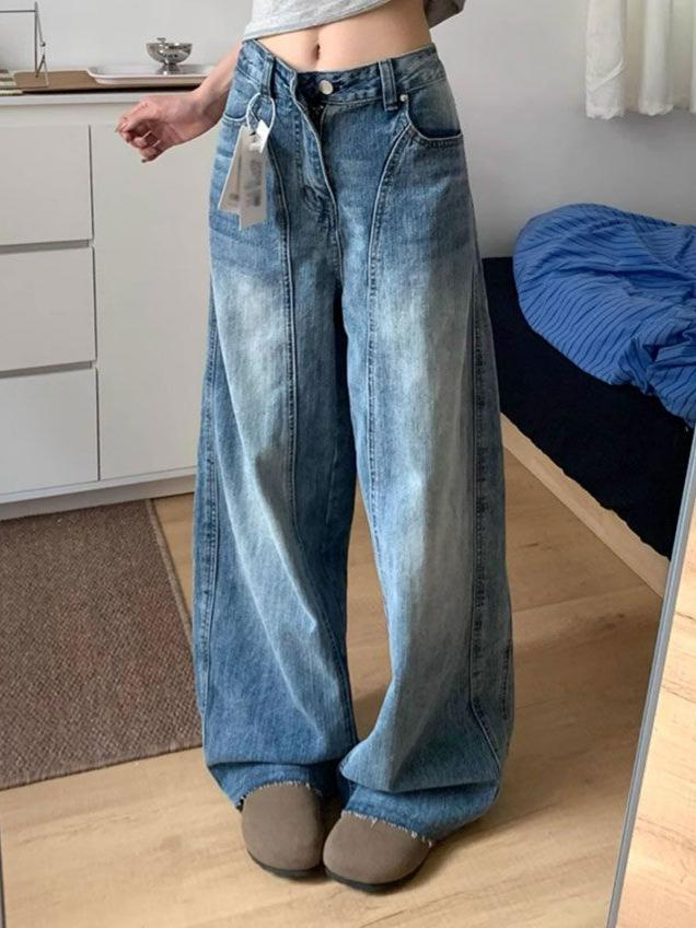 Spicy Girl Retro Blue Distressed Wide-Leg Jeans - Women's Summer Versatile Slimming Banana Pants