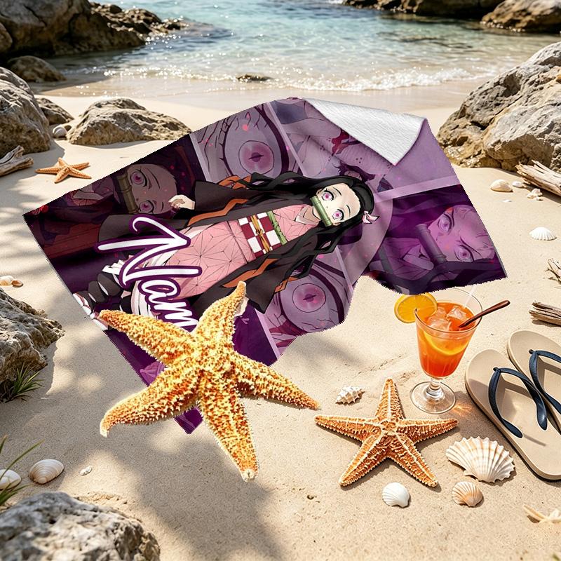 Personalisierbares Strandtuch mit Demon Slayer Aufdruck und individuellem Namen, für Reise, Camping, Strandparty, Heimdekoration, Geburtstagsgeschenk für Familie & Freunde