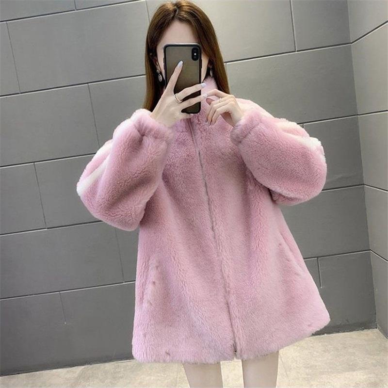 

Fleece Striped Coat Women Stand Collar Zipper Up Warm Plush Outerwear XXL рожевий