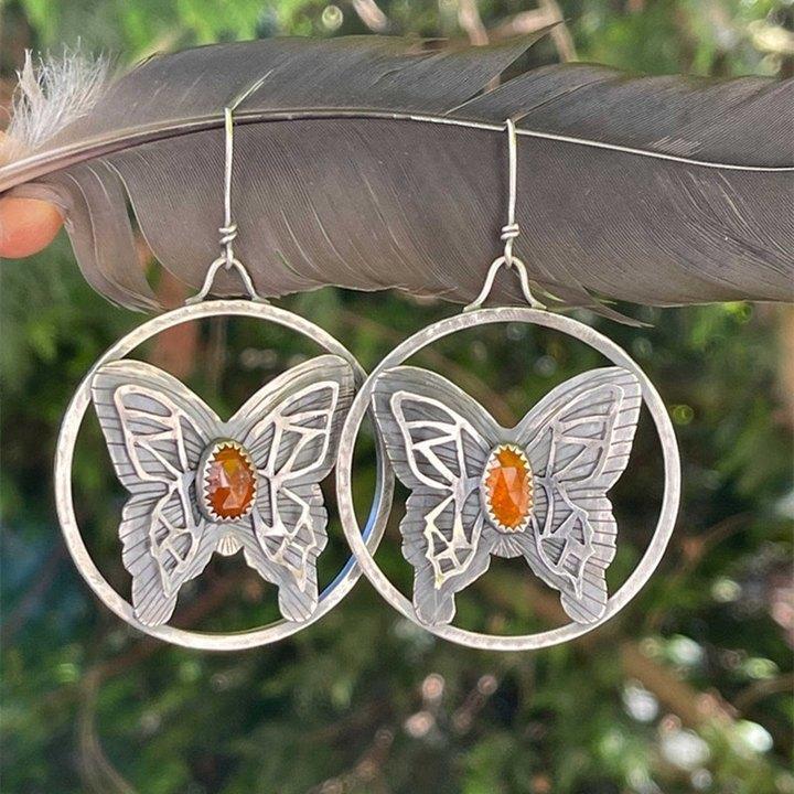 Ethnic style butterfly diamond earrings jewelry European and American retro insect design hollow earrings серебряный