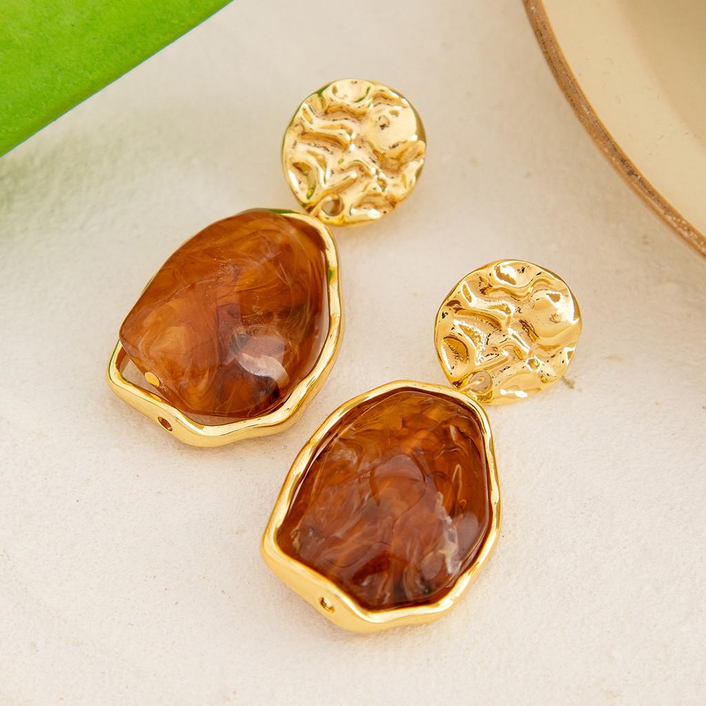 Pinkdudu French Bohemian Irregular Stone Metal Dangle Earrings Eclectic Vintage Style Statement Drops for Women Artsy & Chic PD1291