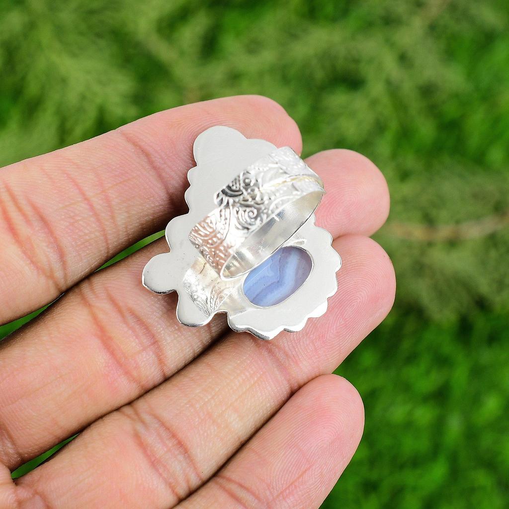Oval Blue Lace Agate Gemstone Sterling Silver Stackable Bezel New Ring Jewelry
