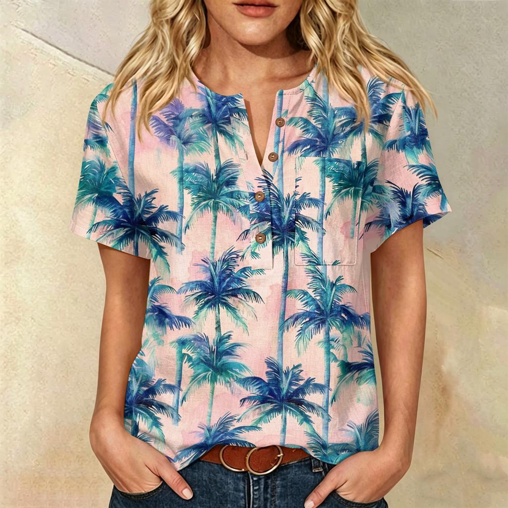 Damen Freizeit Hemd mit Print, Henley-Knopfleiste, kurzen Ärmeln, Baumwoll-Leinen-Mischung und Brusttasche für den Sommerlichen Alltagsgebrauch