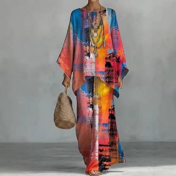 16 European and American women's clothing Y1 large size thin ethnic style dress set Bohemian casual large size jumpsuit