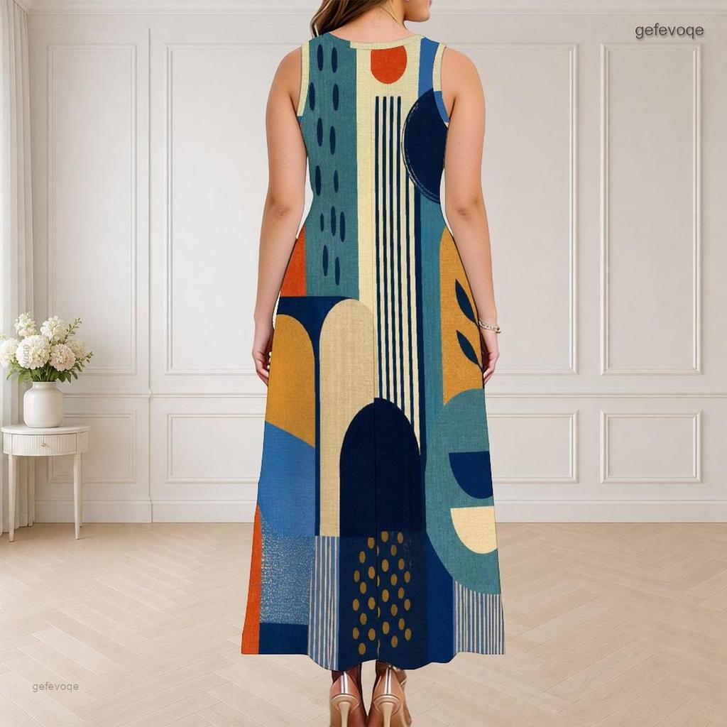 Women Plus Size Round Neck Triple Keyhole Sleeveless Geometric Printed Maxi Dress