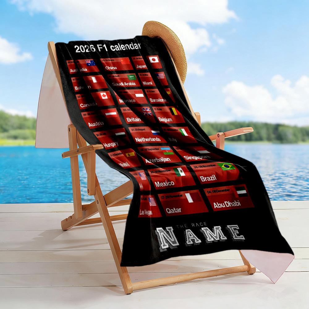 F1 Calendar Customized Name Beach Towel Super Soft Microfiber Quickdry Fabric Perfect for Traveling Yoga Camping and Swimming