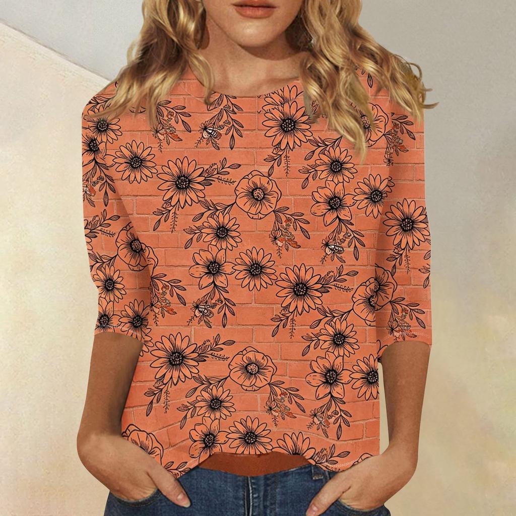 Damen Casual Dreiviertelarm Blumenprint Rundhalsausschnitt Oberteil Leichter Weicher Stoff Bequeme Passform Bluse für den Alltag