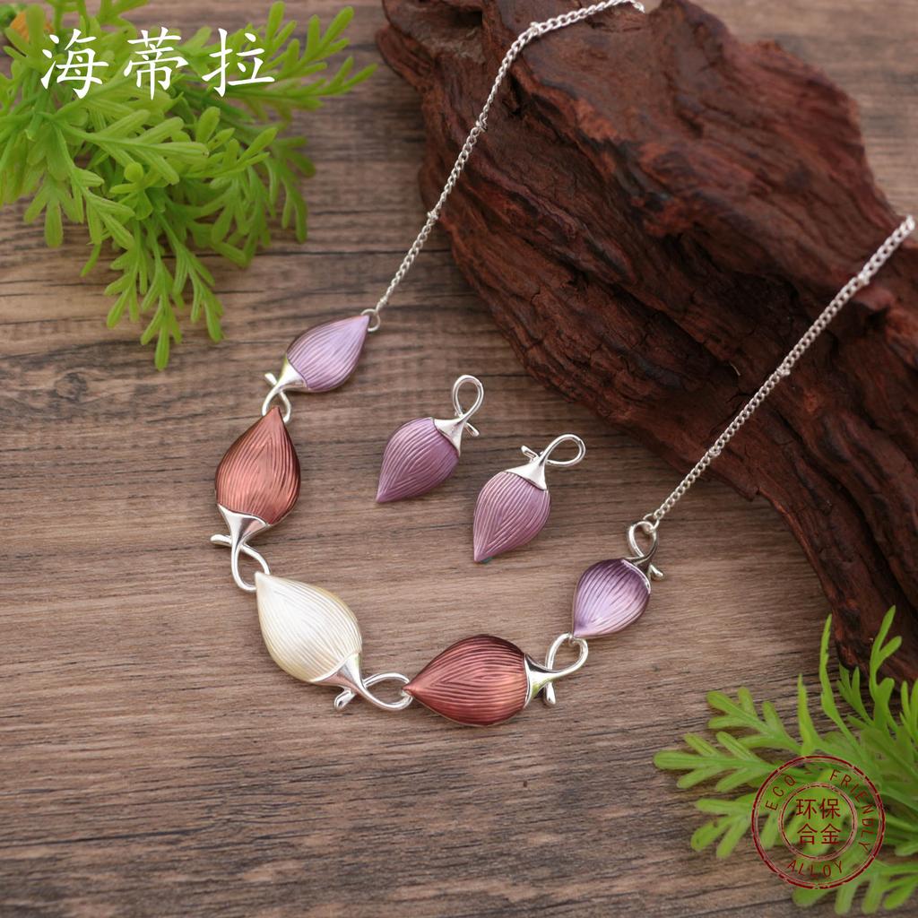 New color painted oil chestnut stud earrings necklace set, women's premium chestnut neck chain set