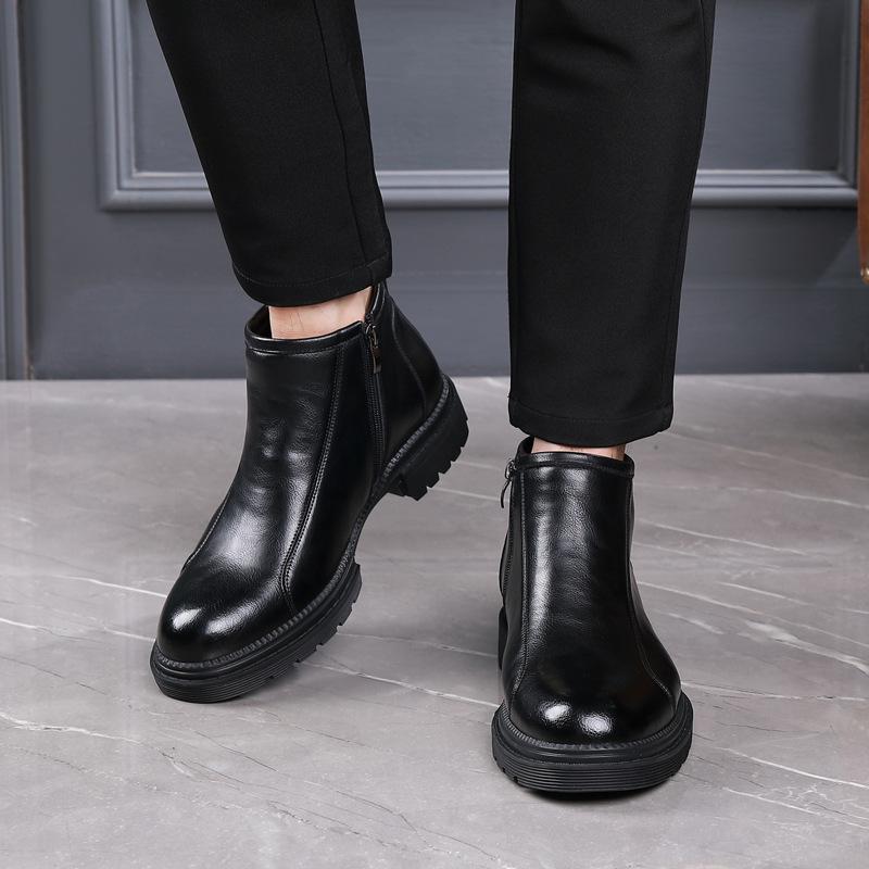 Pánské retro kožené Chelsea boty v římském stylu s bočním zipem - Zimní plus sametové teplé společenské módní.