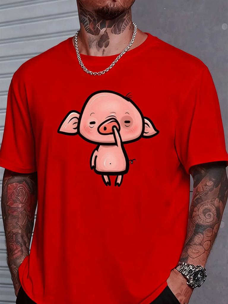 Bright Red Unisexs Cotton Crew Neck Tshirt Humorous Blush Pink Pig Cartoon Art Loose Summer Teen Daily Street Short Sleeve Outfit