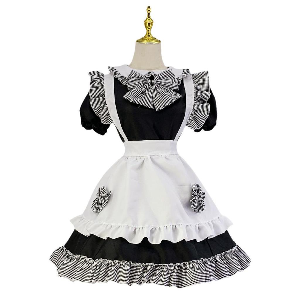 Cosplay Anime 4-Piece Maid Outfit - Cute Black & White Checkered Princess Dress with Bow