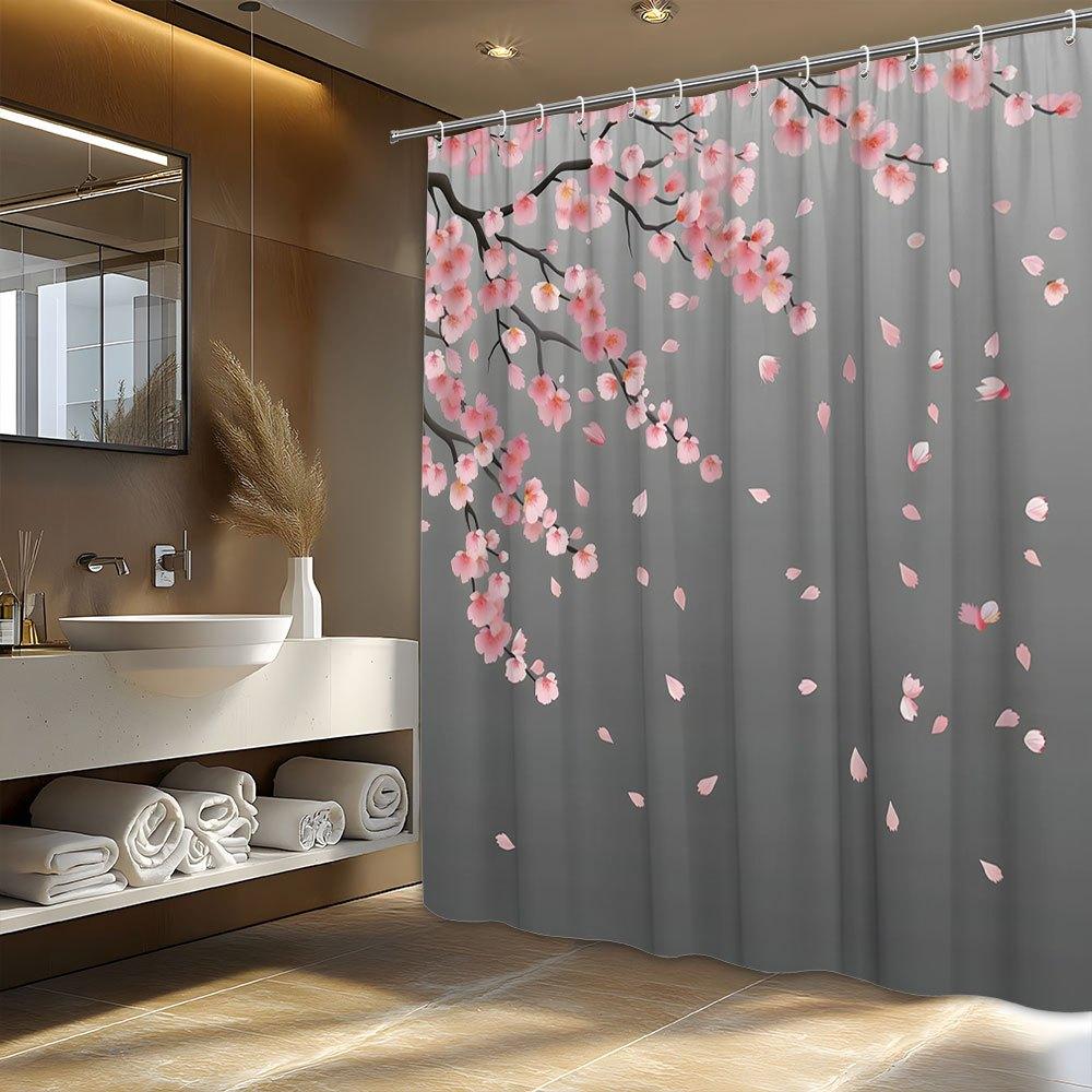 Beautiful Falling Petals Shower Curtain Pink Sakura Flower Tree Print Waterproof Mildew Resistant Bathroom Decor Curtain Set